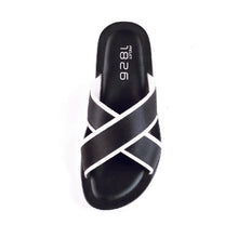 Load image into Gallery viewer, BEVIS CROSS STRAP LEATHER SLIPPER BLACK